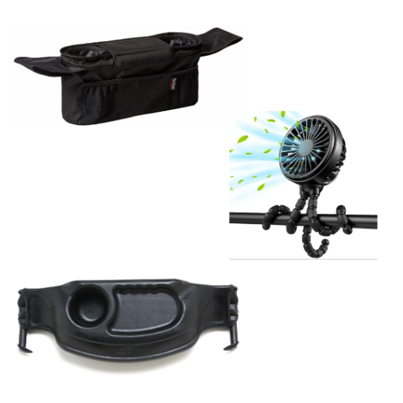 Ensure your little one is cool with an attachable fan and you are organized and hydrated with a parent cupholder/console. 